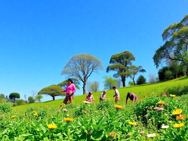 Peisaj verde cu oameni lucrând pământul în natură.