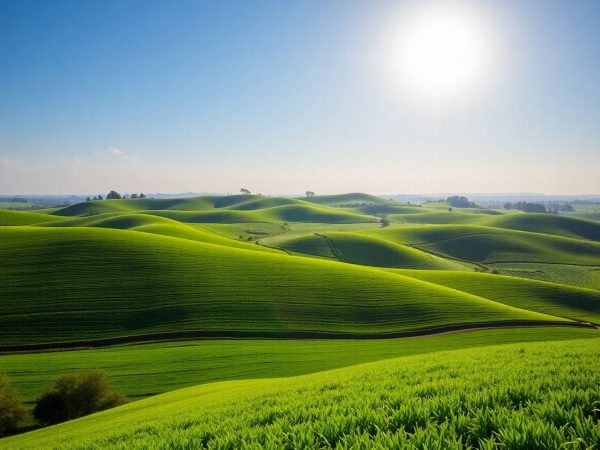 Câmpuri agricole verzi în lumina soarelui.